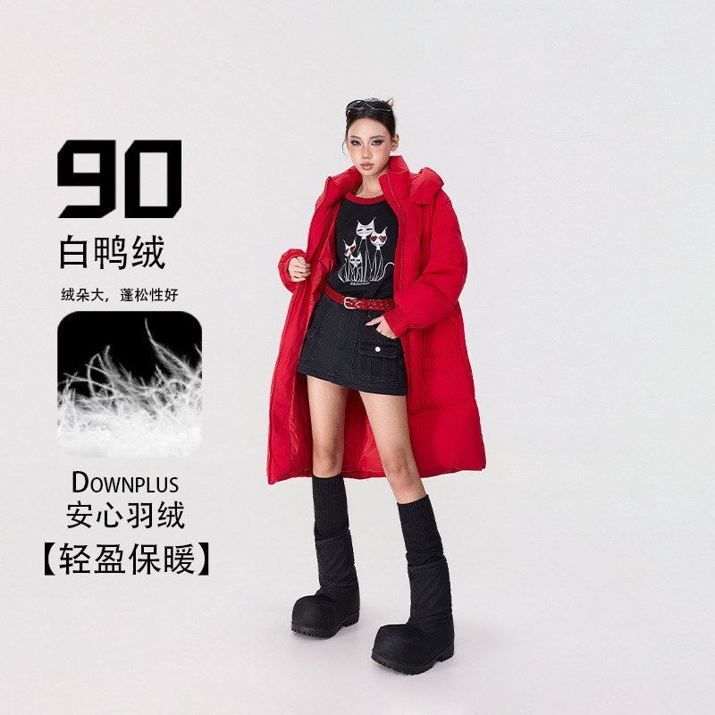 壹缺潮牌90白鸭绒泡芙羽绒服女过膝长款冬季连帽加厚保暖羽绒外套