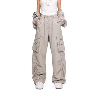 拓谷美式潮酷多口袋工装裤休闲裤子女春夏抽褶直筒运动裤阔腿长裤