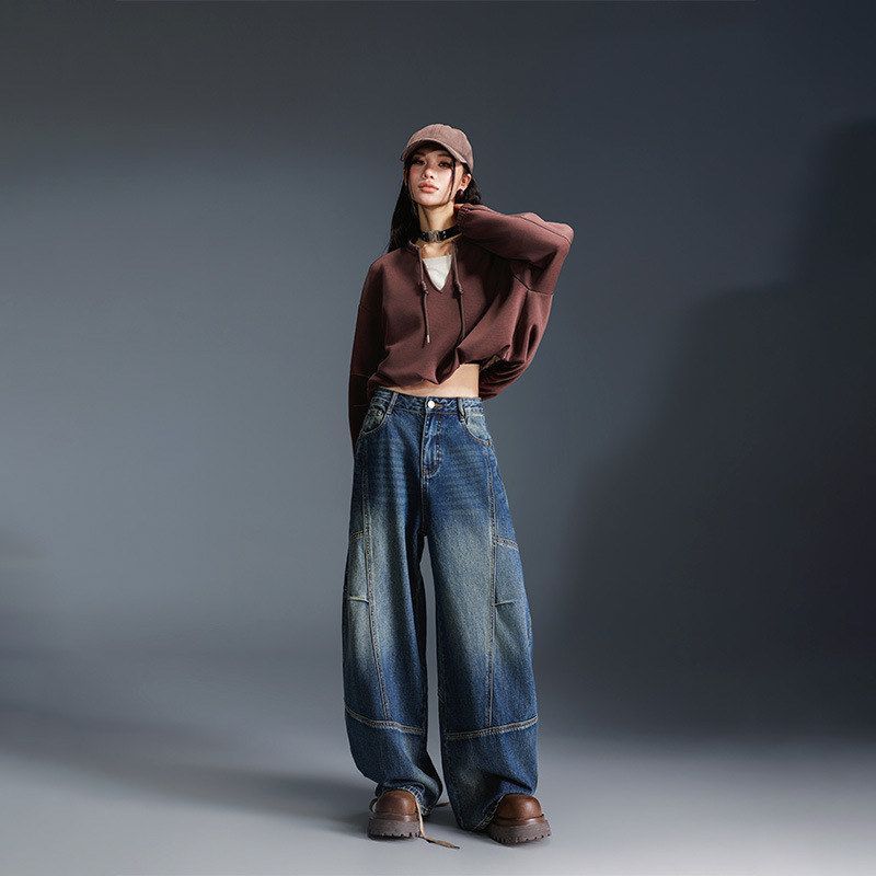 拓谷潮牌高腰弯刀牛仔裤女新款美式直筒百搭长裤子垂感宽松阔腿裤图片