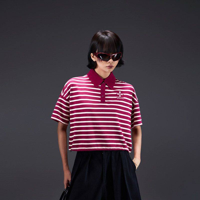 拓谷潮牌条纹短袖T恤女Polo领2026夏季新款美式高端欧货宽松上衣图片