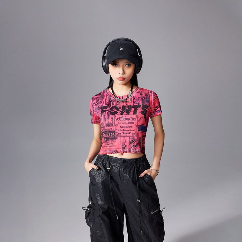 拓谷潮牌短款印花T恤女短袖2026年夏季新款美式辣妹正肩修身上衣图片