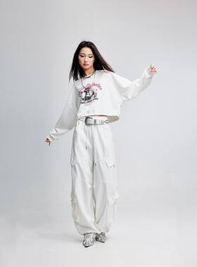 拓谷潮牌甜酷多口袋工装裤女美式宽松白色休闲裤小个子阔腿长裤子