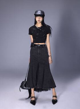 拓谷潮牌开叉牛仔半身裙女高腰2026年春夏新款做旧网纱拼接鱼尾裙