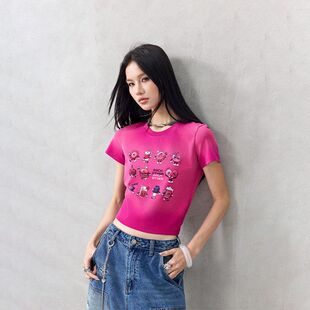 拓谷美式渐变正肩t恤短袖女夏季辣妹减龄短款爵士舞修身露脐上衣