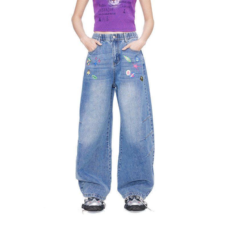 拓谷美式印花弯刀牛仔裤女春夏新款潮牌宽松显瘦松紧腰休闲阔腿裤,女装/女士精品,牛仔裤,淘宝优惠券,粉丝福利购,淘宝优惠卷