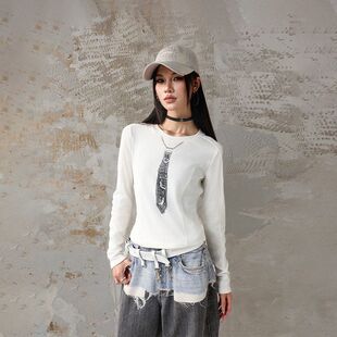 拓谷设计感领带鱼骨打底衫女秋冬款修身圆领亚麻长袖T恤正肩上衣