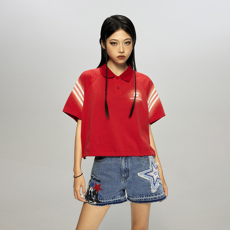 拓谷潮牌Polo领短袖T恤女纯棉2026夏季新款美式短款宽松刺绣上衣图片