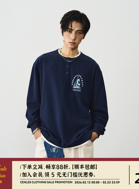 CENLES AW25 华夫格亨利领图案长袖T恤男休闲日系复古宽松TEE
