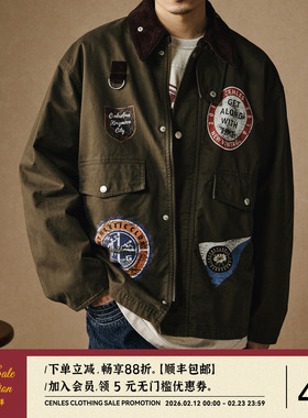 CENLES 复古户外猎装钓鱼夹克男宽松短款工装外套做旧图案