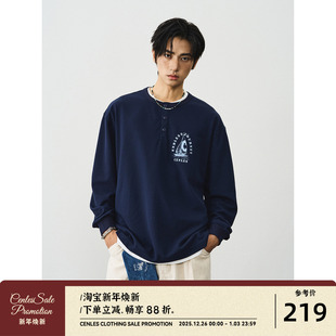 T恤男休闲日系复古宽松TEE 华夫格亨利领图案长袖 CENLES AW25
