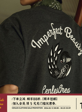 CENLES 孔雀复古口袋短袖T恤男宽松美式休闲T恤日系街头CITYBOY