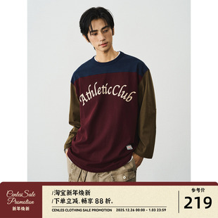 T恤男宽松美式 复古拼色全棉运动长袖 学院风印花TEE AW25 CENLES
