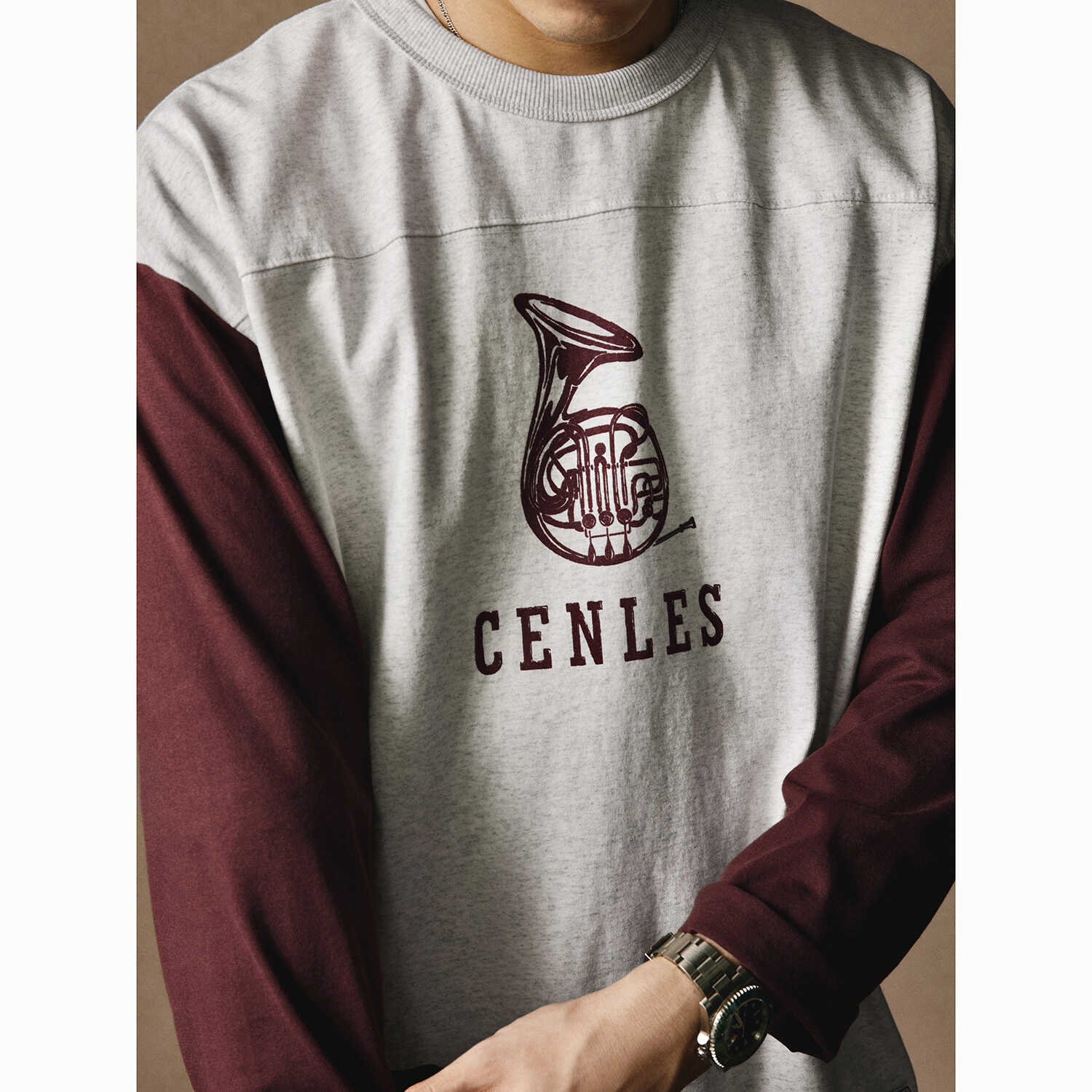 CENLES "铜管圆号"撞色拼接印花长袖T恤男宽松全棉美式复古