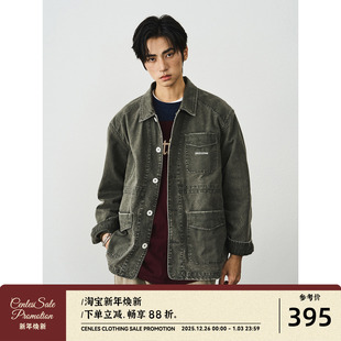 夹克男宽松复古做旧外套翻领日系 水洗帆布绣花工装 CENLES AW25