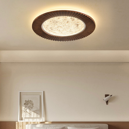 卧室吸顶灯中古风覆古胡桃木色房间灯高级感圆形书房灯具2025新款