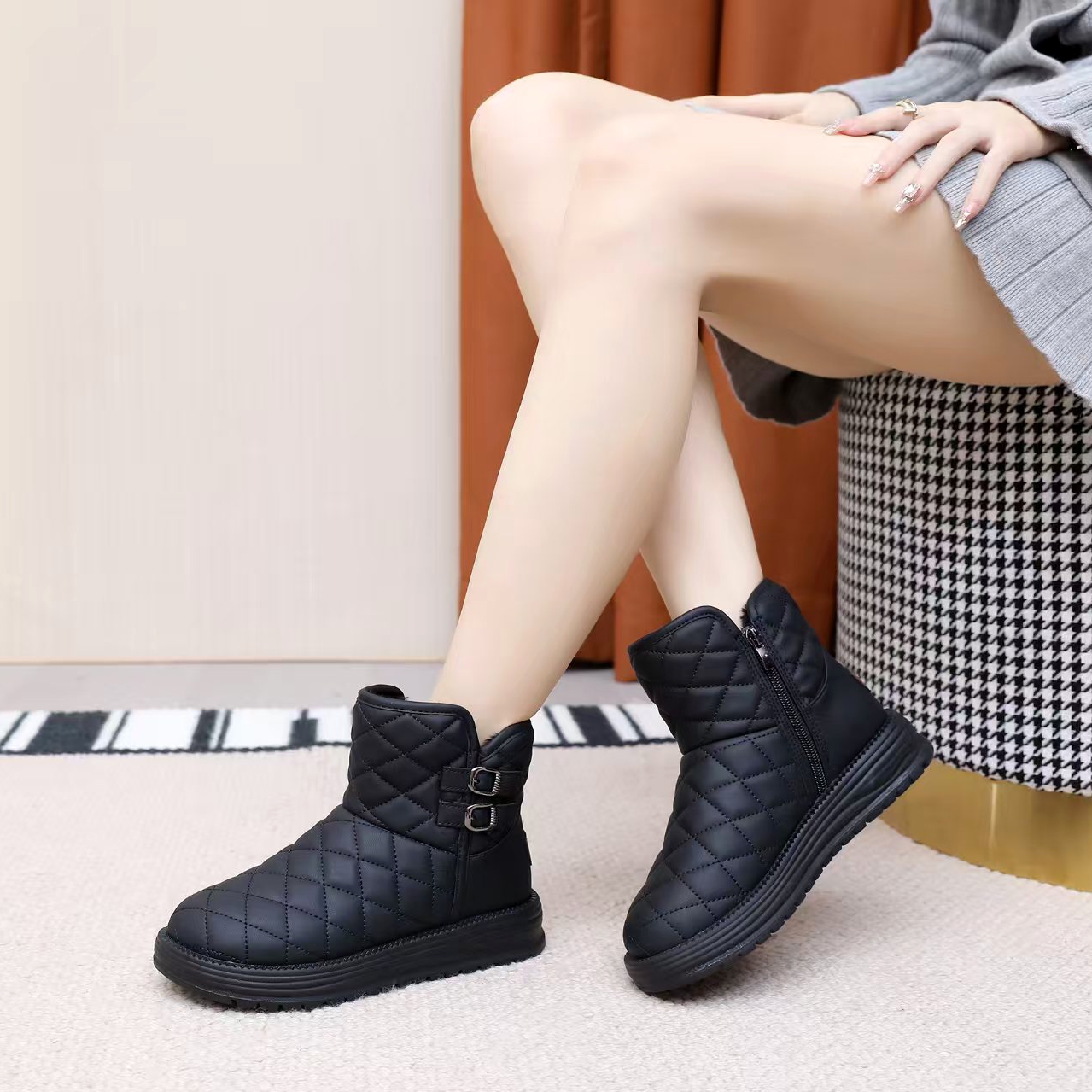 渊博厚底短靴加厚雪地靴保暖短筒