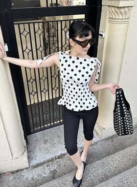 VACANCES 25夏季新款波点系带法式露肩上衣高级感收腰显瘦