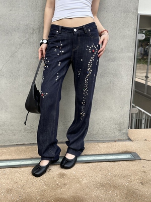 VACANCES原创设计原牛复古铆钉水洗牛仔裤女宽松直筒 不掉色