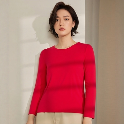 Three Needle/三针极简风圆领长袖打底衫女红色修身内搭保暖上衣