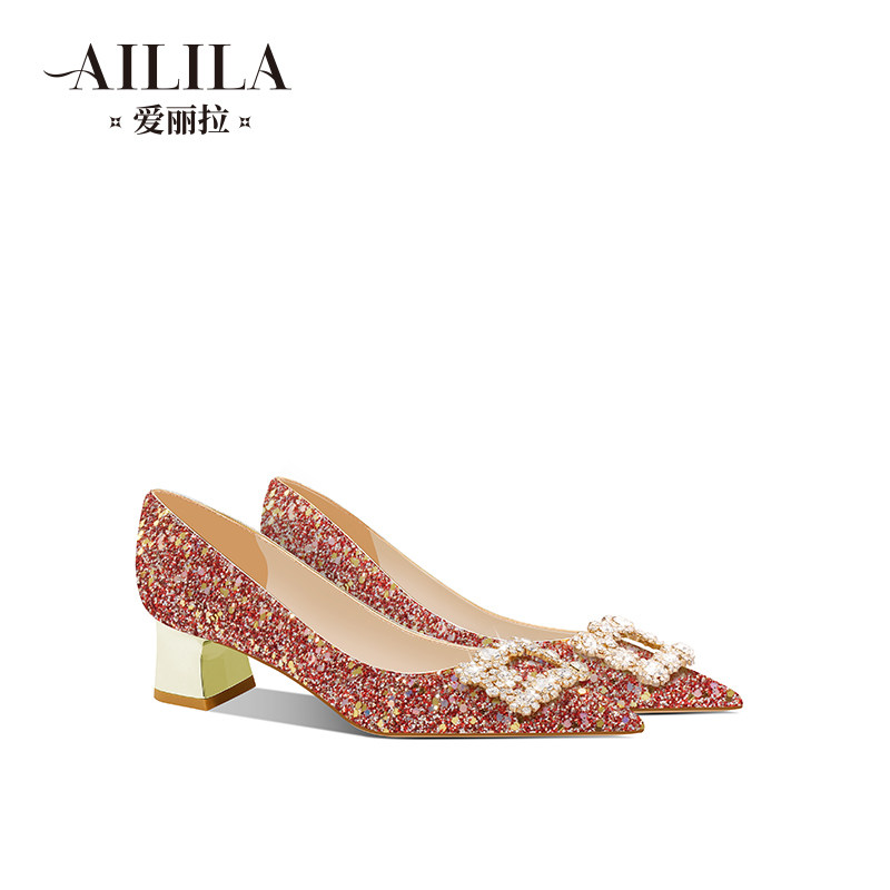 爱丽拉粗跟红色婚鞋女2025新款春季中式秀禾新娘水晶敬酒鞋不累脚,女鞋,浅口单鞋,淘宝优惠券,粉丝福利购,淘宝优惠卷