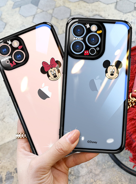 适用迪士尼正版苹果13pro手机壳透明iphone13proMAX玻璃新款13卡通简约米奇全包防摔MAX男女PM情侣por保护套