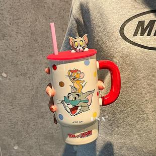 猫和老鼠大容量带盖马克杯情侣吸管水杯家用陶瓷杯子咖啡杯礼物女