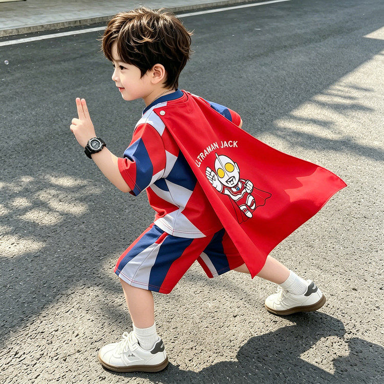 赛罗奥特曼衣服男童夏季套装2026新款儿童夏装短袖宝宝披风两件套