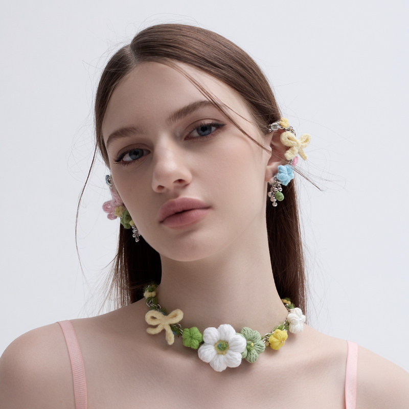 BING梦幻一夏 原创手作花朵蝴蝶结夸张耳环 超出片森林精灵耳夹女