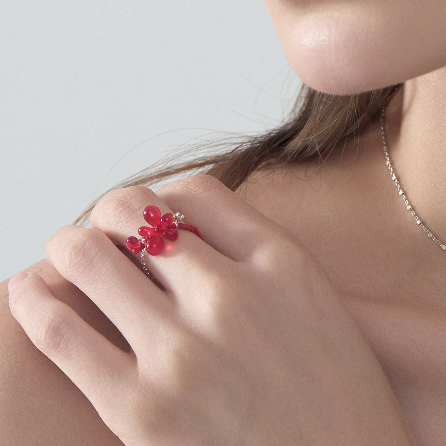 原创纯银可调红色花朵戒指女