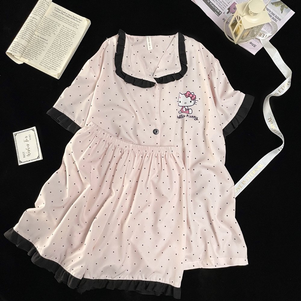 可爱KT猫睡衣女夏季开衫短袖短裤蕾丝花边网红抖音直播家居服套装