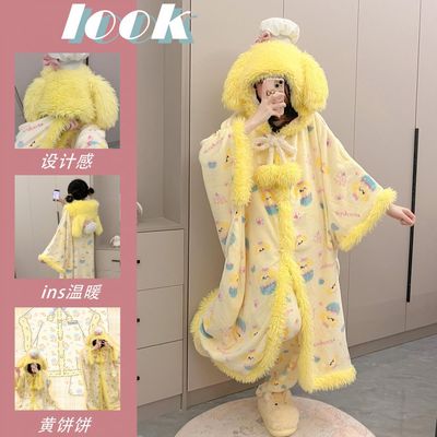 厨师狗饼饼新款斗篷睡衣秋冬季珊瑚绒加绒加厚卡通可爱睡袍家居服