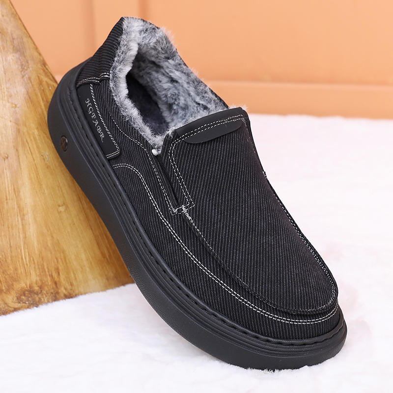 秋冬老北京布鞋一脚蹬厚底薄绒男鞋爸爸二棉鞋轻便软底保暖休闲鞋