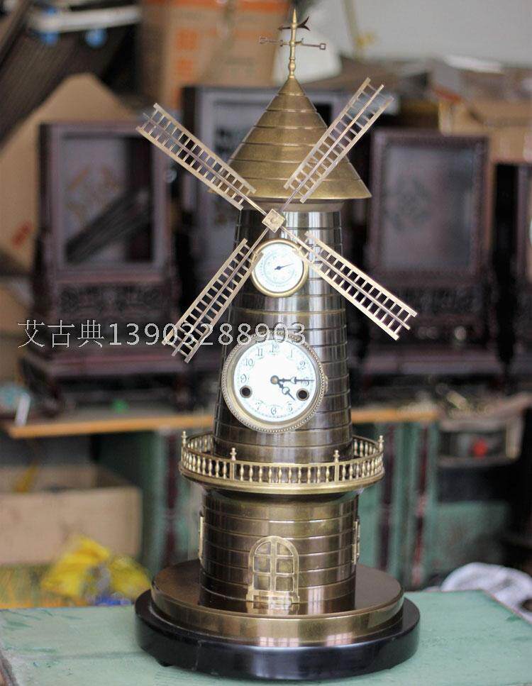 钟表古法仿古欧美风格趣味娱乐纯铜复古亭式风车联动座钟