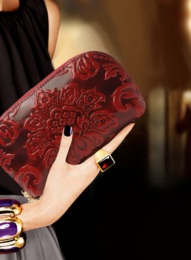 真皮贝壳手拿包女士气质晚宴礼服旗袍包牛皮压花大容量零钱包小包