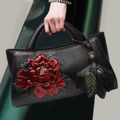 高档真皮手提包大容量妈妈包民族风牛皮压花牡丹花旗袍包宴会女包