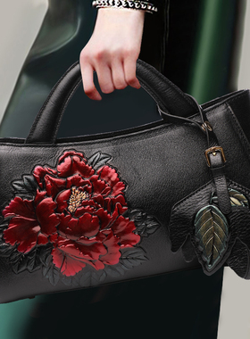 高档真皮手提包大容量妈妈包民族风牛皮压花牡丹花旗袍包宴会女包