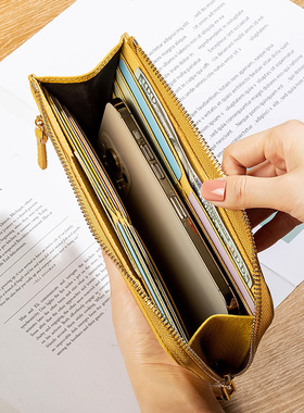 纯牛皮无隔层多卡位长款拉链钱包简约真皮多口袋超薄大钞夹放手机