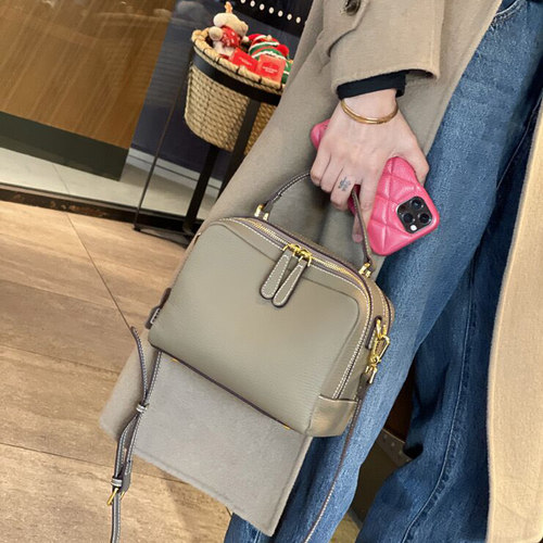 时尚真皮双拉链斜挎手提包枕头包