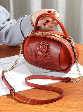 原创设计真皮斜挎手提小包包西瓜包气质2026新款牛皮立体压花女包