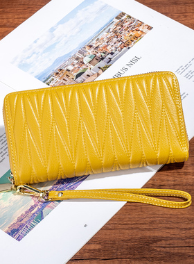纯牛皮黄色招财长款拉链钱包手拎包2026冬季新款真皮防消磁大钞夹