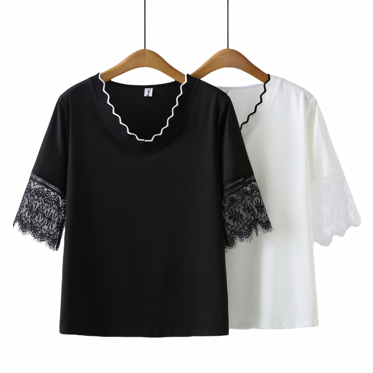 大码女装蕾丝拼接5分袖T恤女上衣