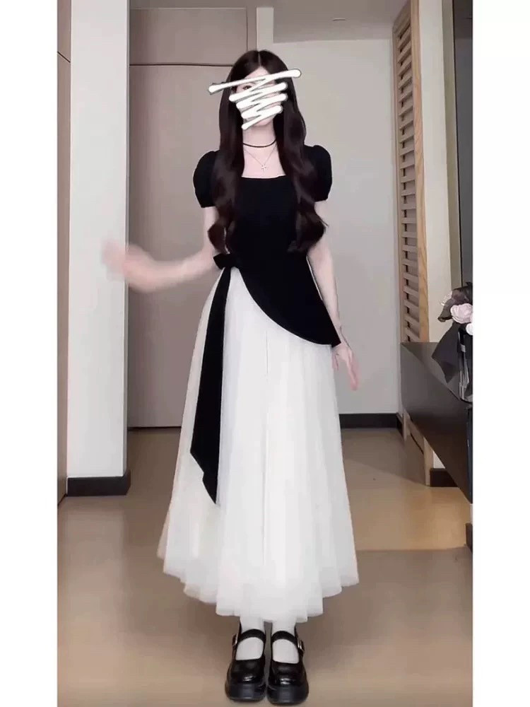 松本丧丧2025新款流行初夏穿搭蓬蓬裙子绑带收腰夏日绝美美连衣裙