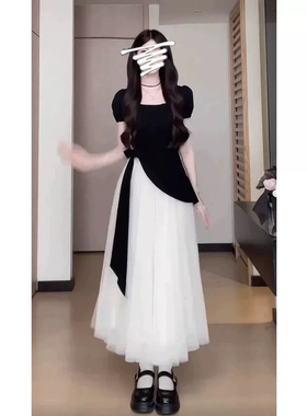 松本丧丧2025新款流行初夏穿搭蓬蓬裙子绑带收腰夏日绝美美连衣裙