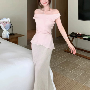 SYA奚小西 荡领收腰系带小衫女夏粉色温柔一字领内搭无袖露肩上衣