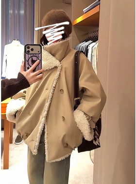 夏诗文 拼接环保仿羊羔绒绗棉派克服女冬大翻领宽松落肩工装外套