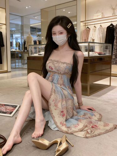 且可ChillCozy Zim家 重工定位花法式长款露背度假吊带连衣裙女夏