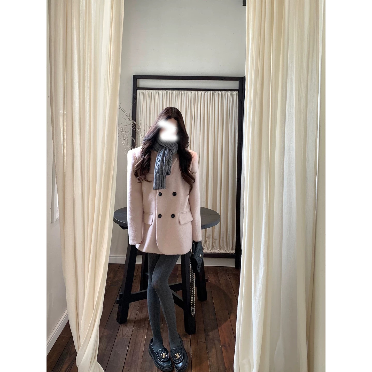 ffcheer韩剧女主 粉色羊毛呢西装外套女秋冬厚短款呢子大衣小个子