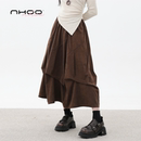 裙子 棕色中长款 NHOO恩逅 褶皱设计感A字灯芯绒半身裙女秋冬新款