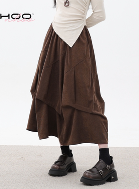 NHOO恩逅 褶皱设计感A字灯芯绒半身裙女秋冬新款棕色中长款裙子