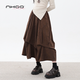 裙子 棕色中长款 NHOO恩逅 褶皱设计感A字灯芯绒半身裙女秋冬新款